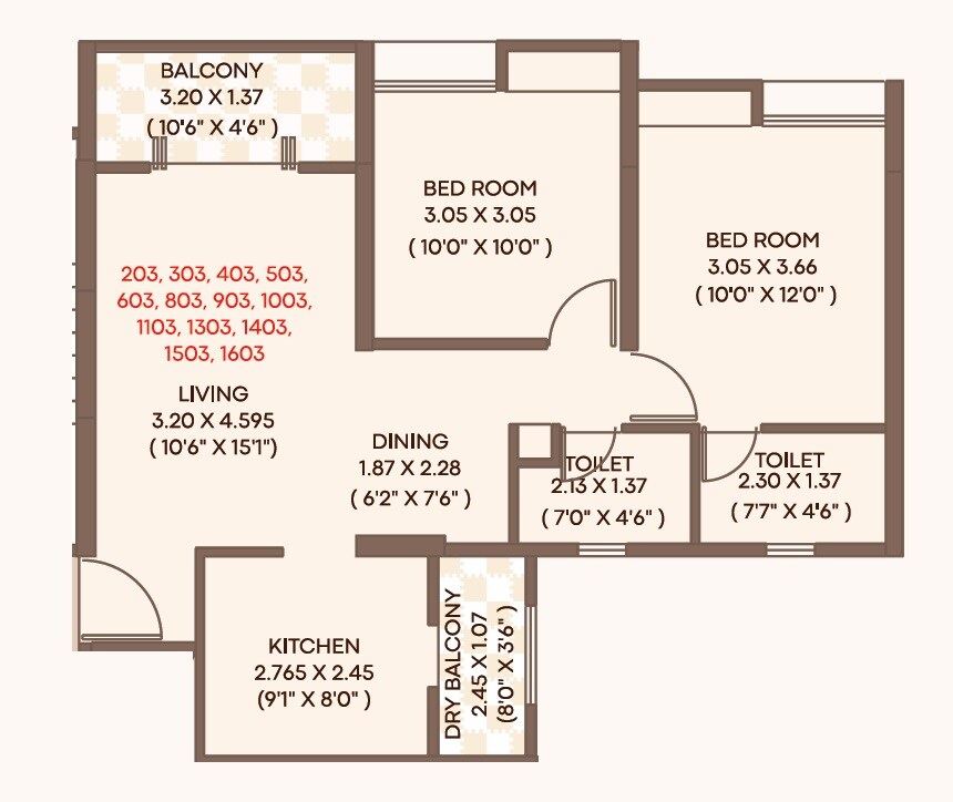 Floor plan of 2 BHK 730 Sq. Ft. Apartment in ARV Richvue, Pune