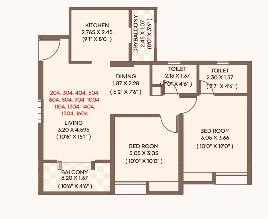 Floor plan of 2 BHK 792 Sq. Ft. Apartment in ARV Richvue, Pune