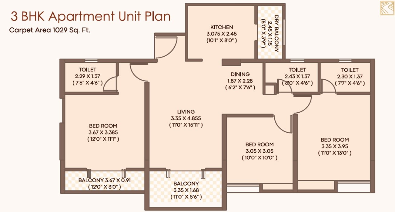 Floor plan of 3 BHK 1029 Sq. Ft. Apartment in ARV Richvue, Pune