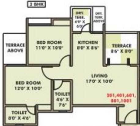 Floor plan of 2 BHK 799 Sq. Ft. Apartment in ARV Royale, Pune