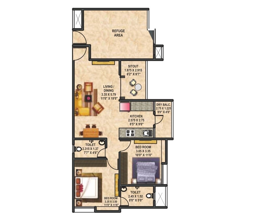 Floor plan of 2 BHK 627 Sq. Ft. Apartment in ARV Uthville, Pune