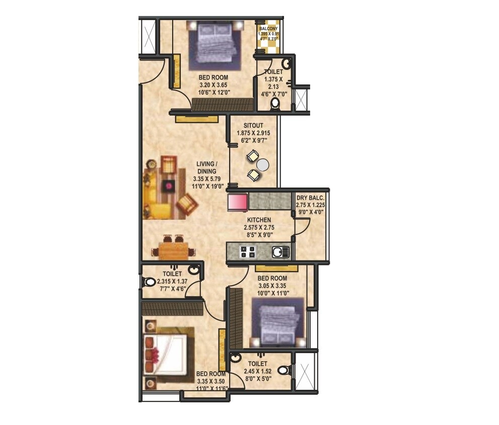 Floor plan of 3 BHK 852 Sq. Ft. Apartment in ARV Uthville, Pune