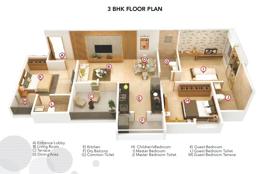 Floor plan of 3 BHK 961 Sq. Ft. Apartment in ARV Uthville, Pune