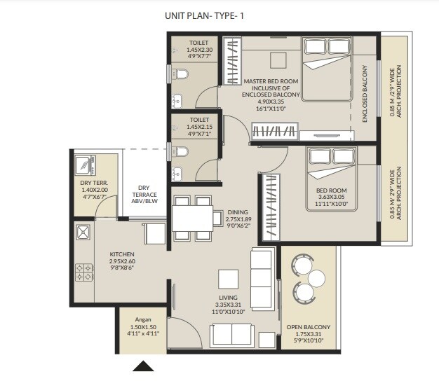 Floor plan of 2 BHK 470 Sq. Ft. Apartment in Arvind Elan, Pune