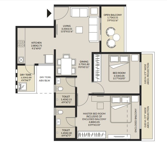 Floor plan of 2 BHK 639 Sq. Ft. Apartment in Arvind Elan, Pune