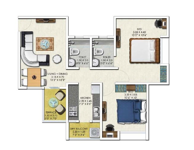 Floor plan of 2 BHK 682 Sq. Ft. Apartment in Aryavart Star Altair, Pune