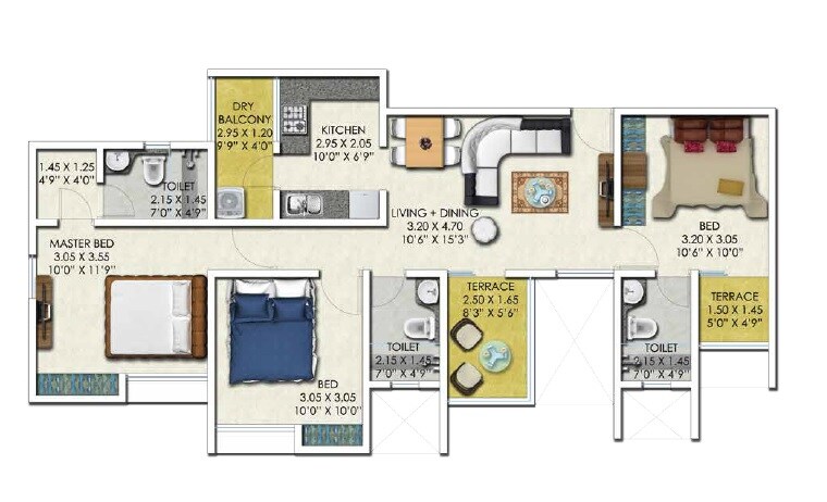 Floor plan of 3 BHK 858 Sq. Ft. Apartment in Aryavart Star Altair, Pune