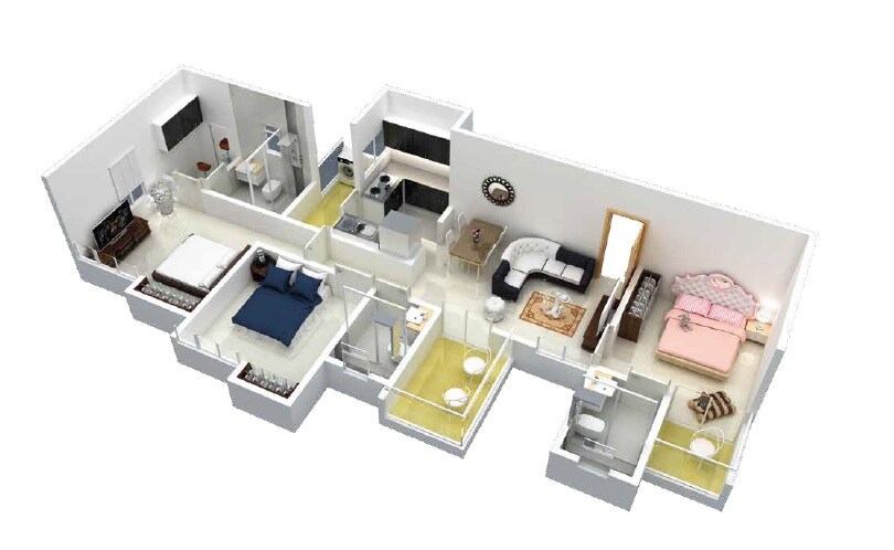 Floor plan of 3 BHK 884 Sq. Ft. Apartment in Aryavart Star Altair, Pune