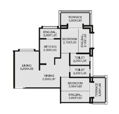 Floor plan of 2 BHK 819 Sq. Ft. Apartment in Aryavedant Palm Springs, Pune