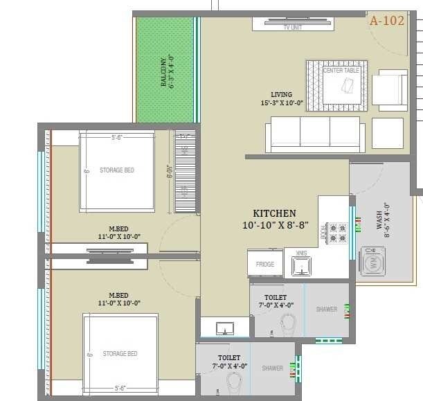 Floor plan of 2 BHK 559 Sq. Ft. Apartment in Asanjo Gorakh Heights, Pune