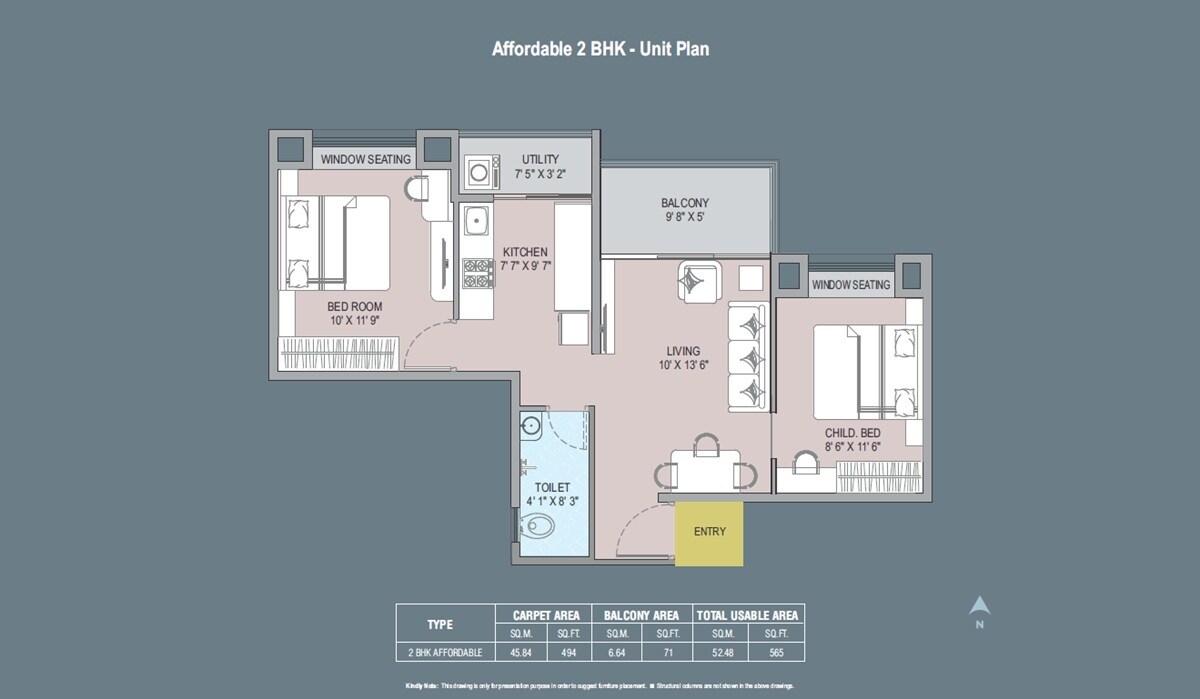 Floor plan of 2 BHK 565 Sq. Ft. Apartment in Ascent Elite Evoq, Pune