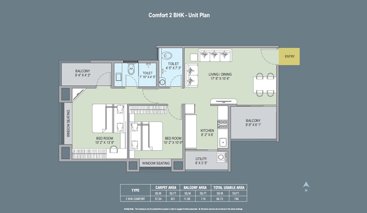 Floor plan of 2 BHK 740 Sq. Ft. Apartment in Ascent Elite Evoq, Pune