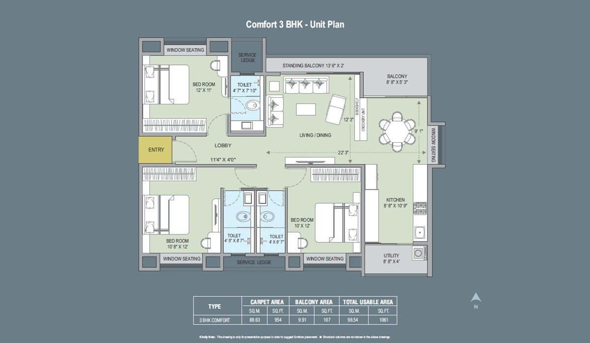 Floor plan of 3 BHK 1061 Sq. Ft. Apartment in Ascent Elite Evoq, Pune