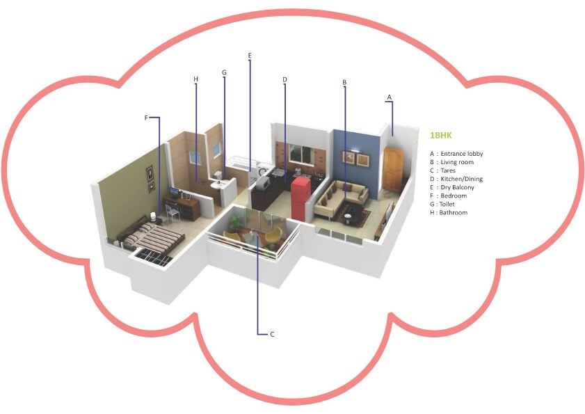 Floor plan of 1 BHK 660 Sq. Ft. Apartment in Ashapura Hill View, Pune