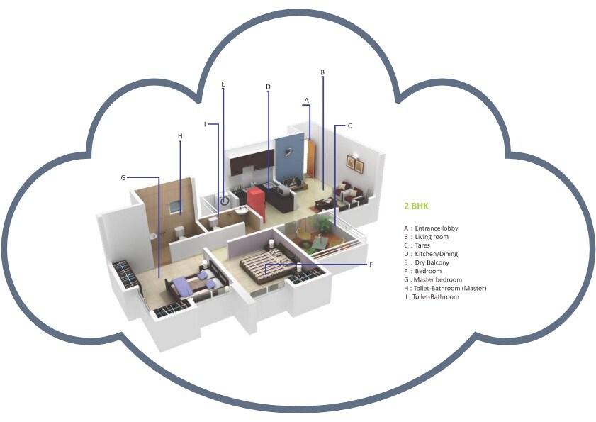 Floor plan of 2 BHK 1222 Sq. Ft. Apartment in Ashapura Hill View, Pune