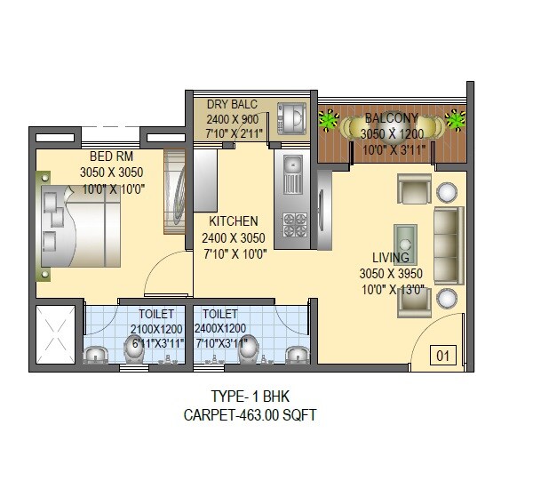 Floor plan of 1 BHK 463 Sq. Ft. Apartment in Ashapuri Tulsivan, Pune