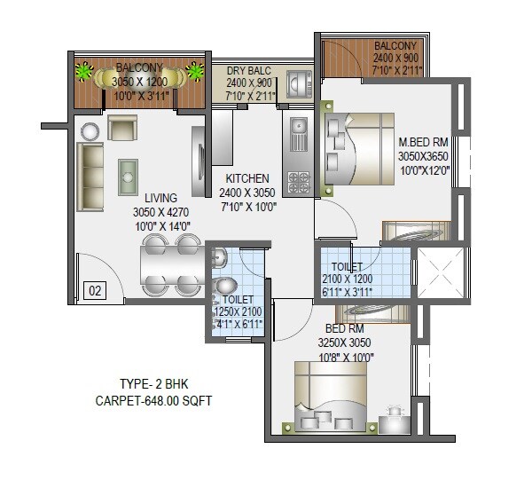 Floor plan of 2 BHK 648 Sq. Ft. Apartment in Ashapuri Tulsivan, Pune