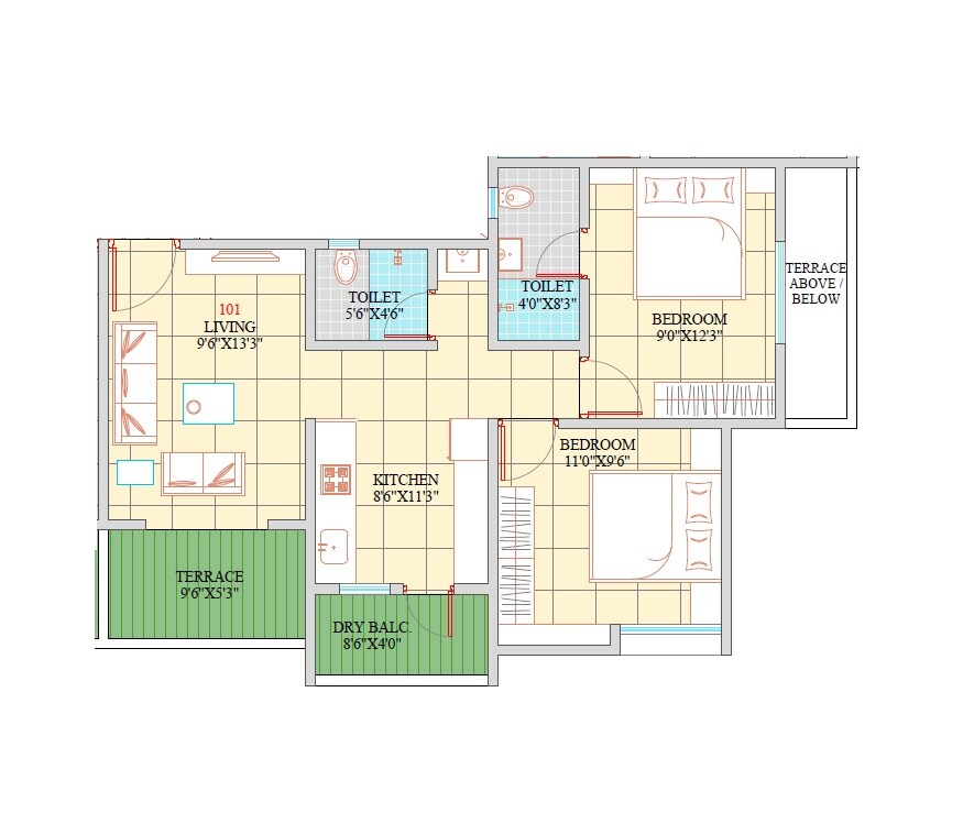 Floor plan of 2 BHK 648 Sq. Ft. Apartment in Ashapuri Vrundavan, Pune