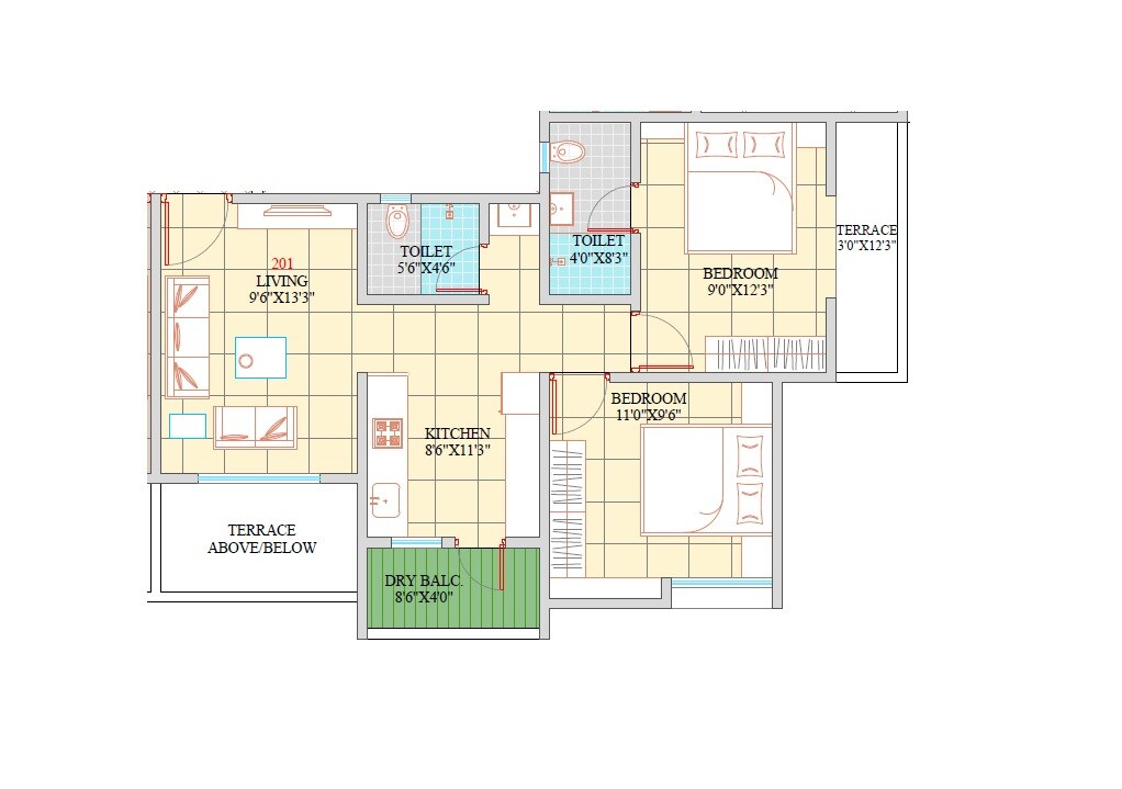 Floor plan of 2 BHK 634 Sq. Ft. Apartment in Ashapuri Vrundavan, Pune