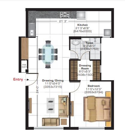 Floor plan of 1 BHK 640 Sq. Ft. Apartment in Ashiana Utsav Apartments, Pune