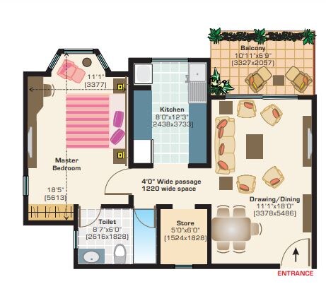 Floor plan of 1 BHK 667 Sq. Ft. Apartment in Ashiana Utsav Apartments, Pune