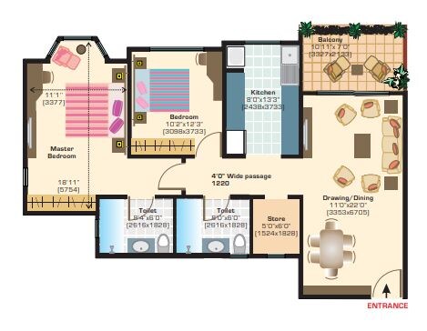 Floor plan of 2 BHK 943 Sq. Ft. Apartment in Ashiana Utsav Apartments, Pune