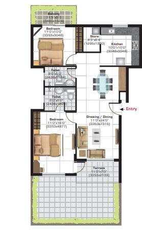 Floor plan of 2 BHK 954 Sq. Ft. Apartment in Ashiana Utsav Apartments, Pune