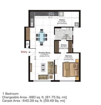 Floor plan of 1 BHK 640 Sq. Ft. Apartment in Ashiana Utsav Lavasa Apartments, Pune