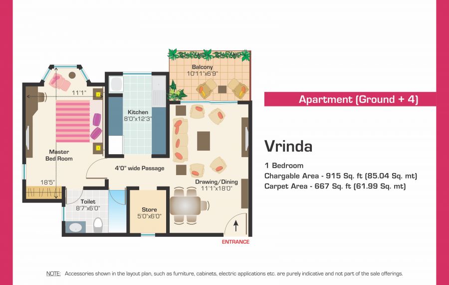 Floor plan of 1 BHK 667 Sq. Ft. Apartment in Ashiana Utsav Lavasa Apartments, Pune