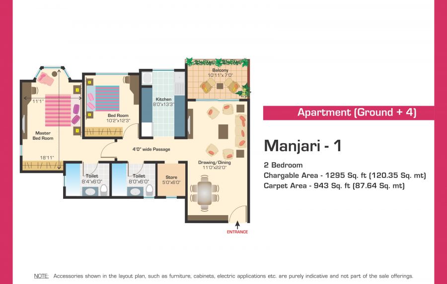 Floor plan of 2 BHK 943 Sq. Ft. Apartment in Ashiana Utsav Lavasa Apartments, Pune
