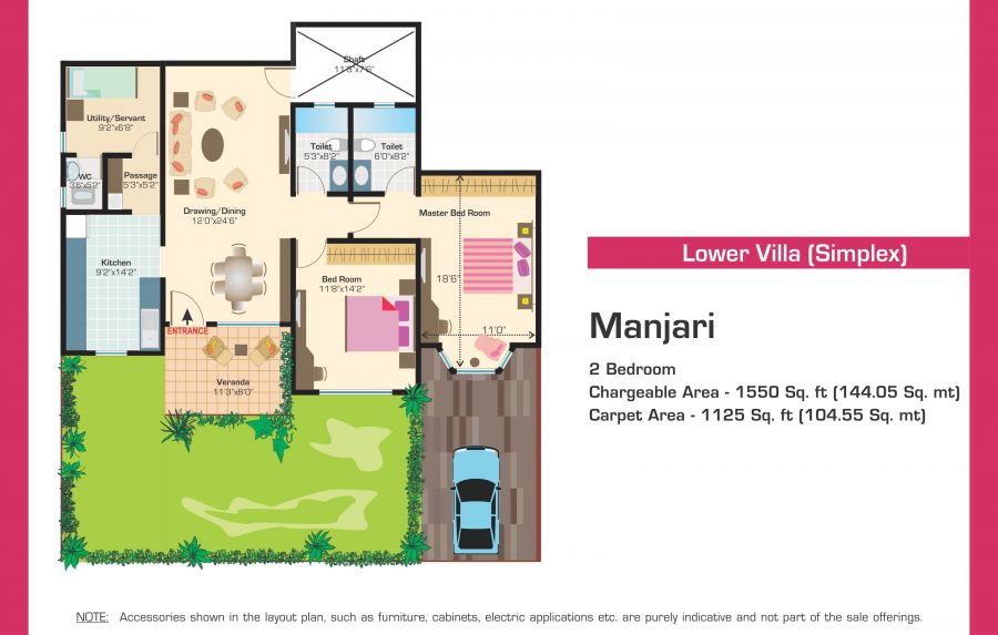 Floor plan of 2 BHK 1125 Sq. Ft. Villa in Ashiana Utsav Lavasa Villa, Pune
