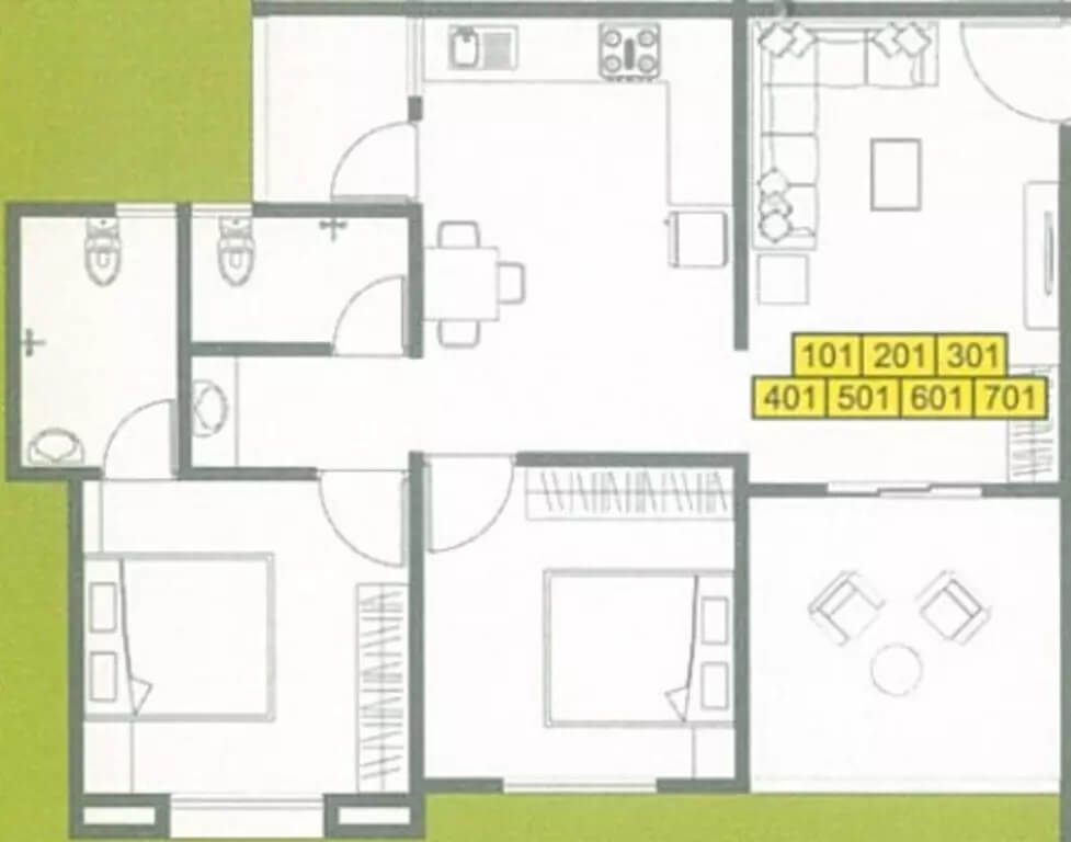 Floor plan of 2 BHK 638 Sq. Ft. Apartment in Ashish Laxmi Angan, Pune