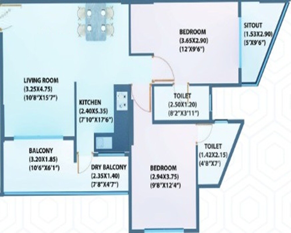 Floor plan of 2 BHK 678 Sq. Ft. Apartment in Ashok Prachit Eternia, Pune