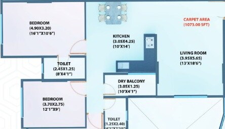 Floor plan of 3 BHK 1073 Sq. Ft. Apartment in Ashok Prachit Eternia, Pune