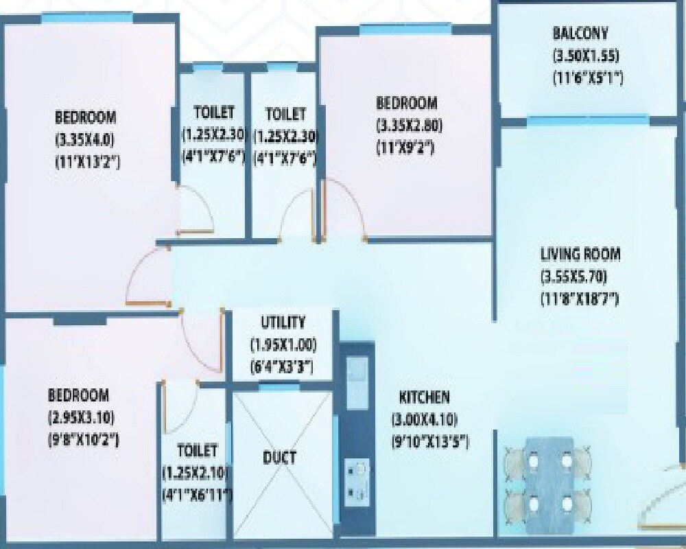 3 BHK 889 Sq. Ft. Apartment