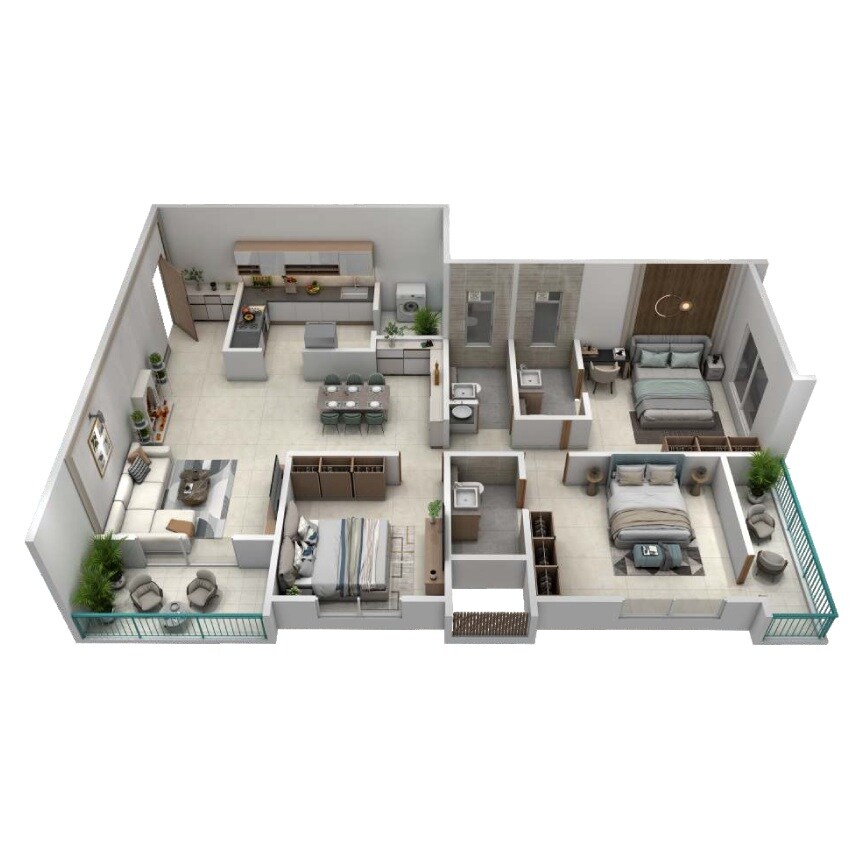Floor plan of 3 BHK 1038 Sq. Ft. Apartment in Ashtekar Prabhangan, Pune
