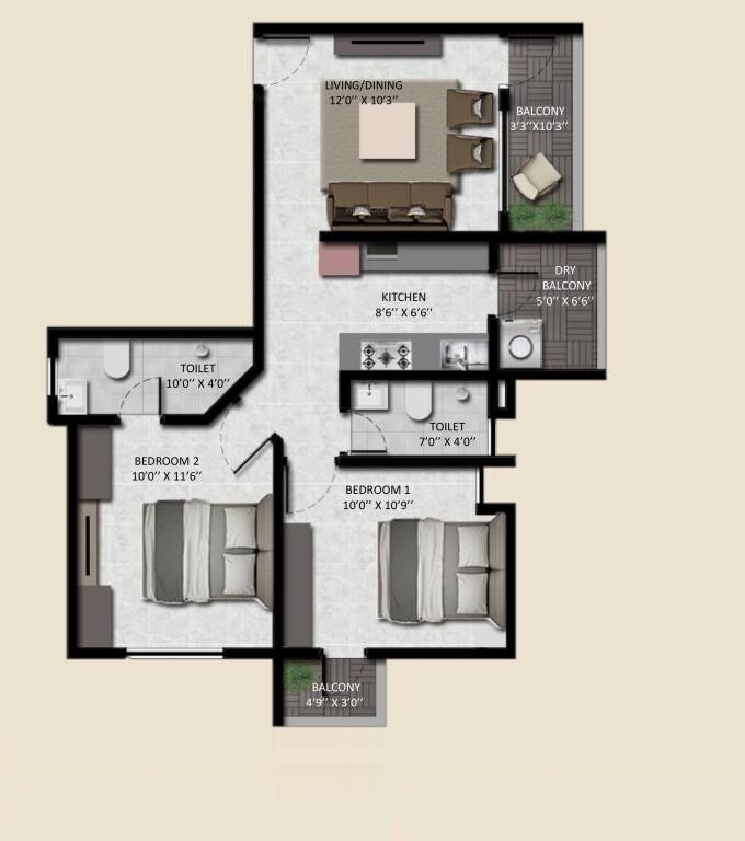 2 BHK 514 Sq. Ft. Apartment