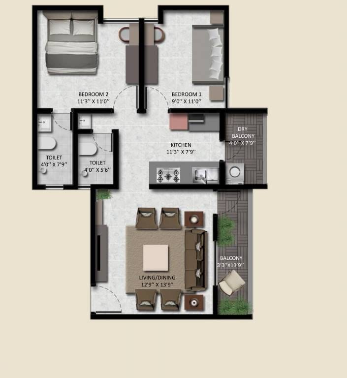 2 BHK 670 Sq. Ft. Apartment