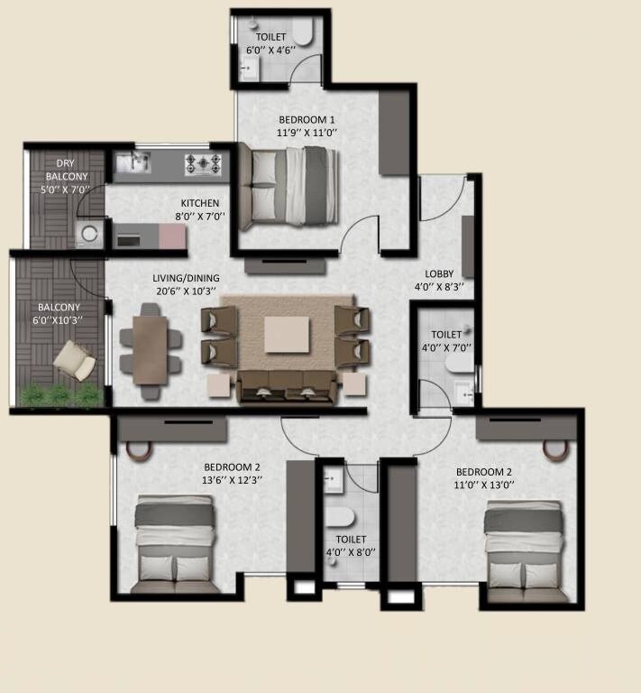 3 BHK 721 Sq. Ft. Apartment