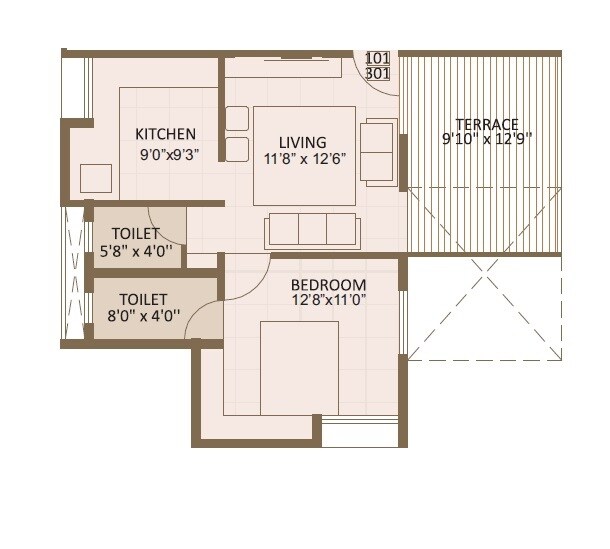 Floor plan of 1 BHK 730 Sq. Ft. Apartment in Ashwamedh Adi, Pune