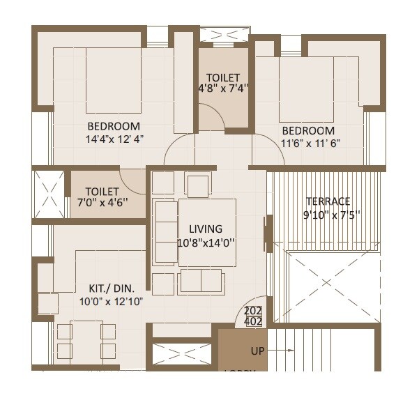 Floor plan of 2 BHK 980 Sq. Ft. Apartment in Ashwamedh Adi, Pune