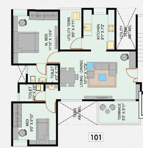 Floor plan of 2 BHK 806 Sq. Ft. Apartment in Ashwamedh Admira, Pune