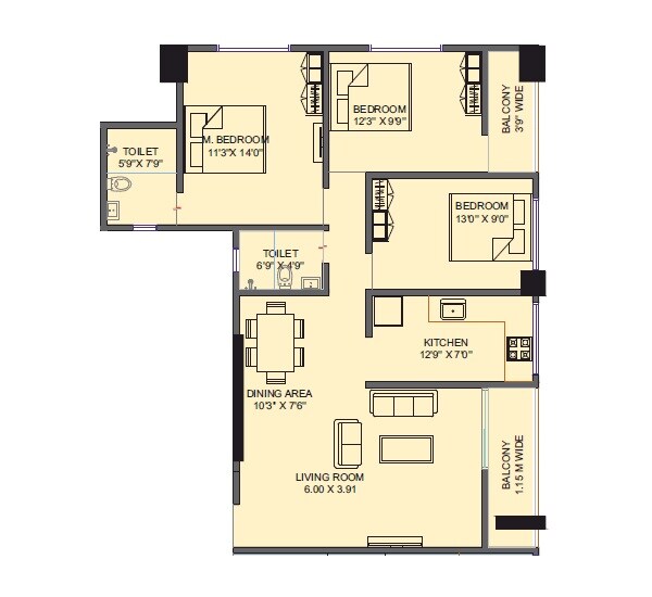 3 BHK 1060 Sq. Ft. Apartment