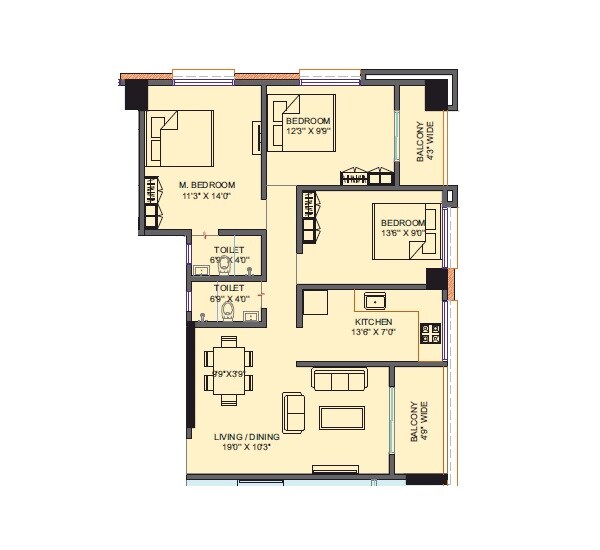 3 BHK 975 Sq. Ft. Apartment