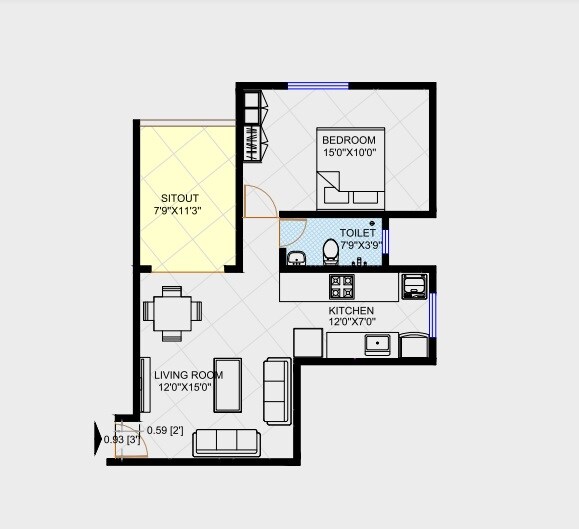 Floor plan of 1 BHK 336 Sq. Ft. Apartment in Ashwamedh Ratnaprabha, Pune
