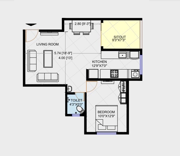 Floor plan of 1 BHK 482 Sq. Ft. Apartment in Ashwamedh Ratnaprabha, Pune