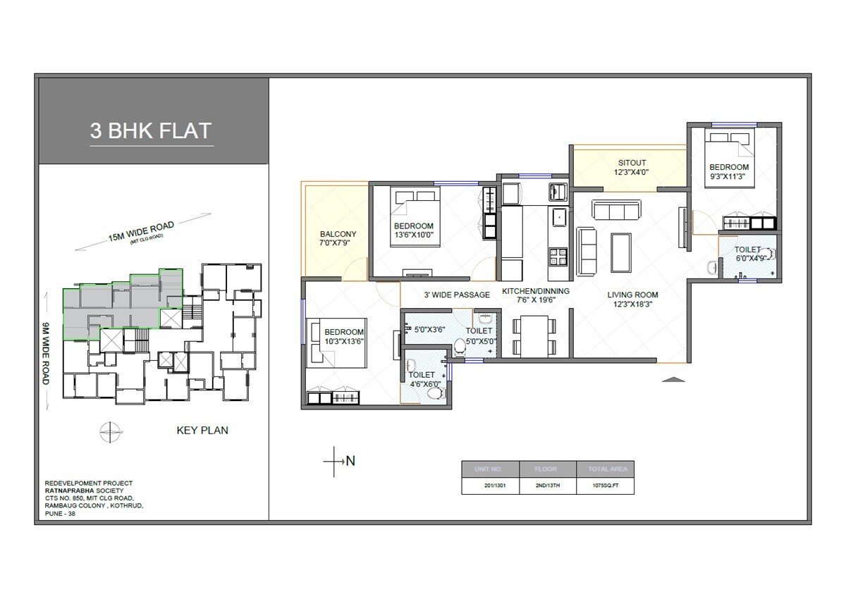 Floor plan of 3 BHK 1075 Sq. Ft. Apartment in Ashwamedh Ratnaprabha, Pune