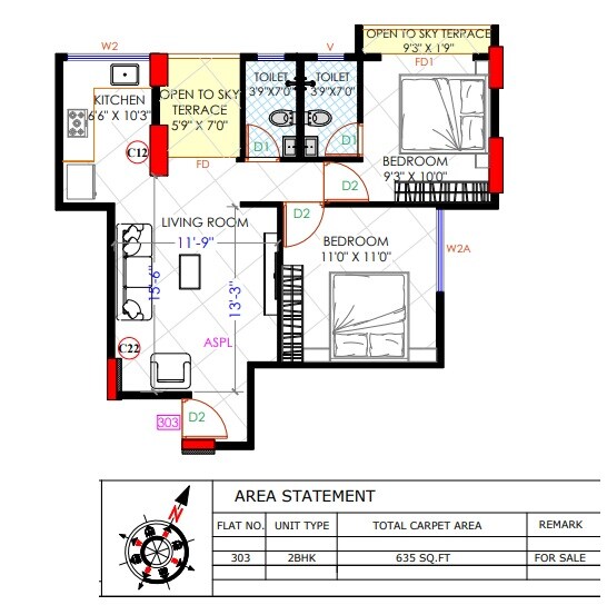Floor plan of 2 BHK Apartment - 635 sq. ft. in Ashwamedh Sweet Home CHS, Pune