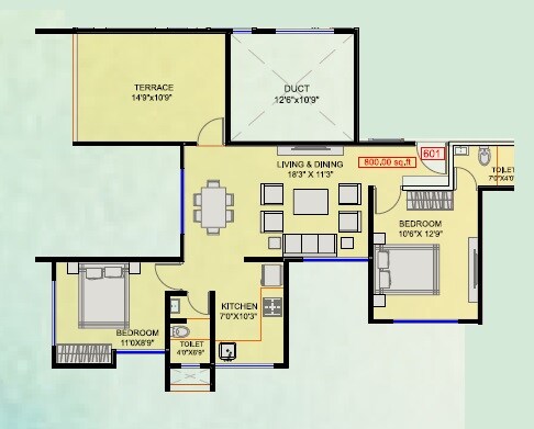 Floor plan of 2 BHK 860 Sq. Ft. Apartment in Ashwamedh Sweet Home CHS, Pune