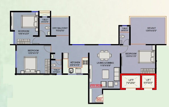 Floor plan of 3 BHK 1105 Sq. Ft. Apartment in Ashwamedh Sweet Home CHS, Pune